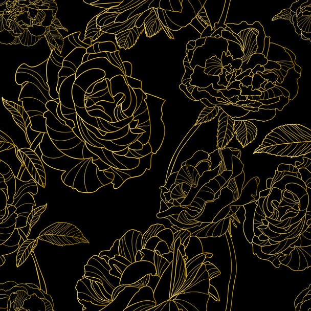 Vector seamless pattern. Golden outline rose flowers on black background. Floral illustration. - Vettoriali, immagini