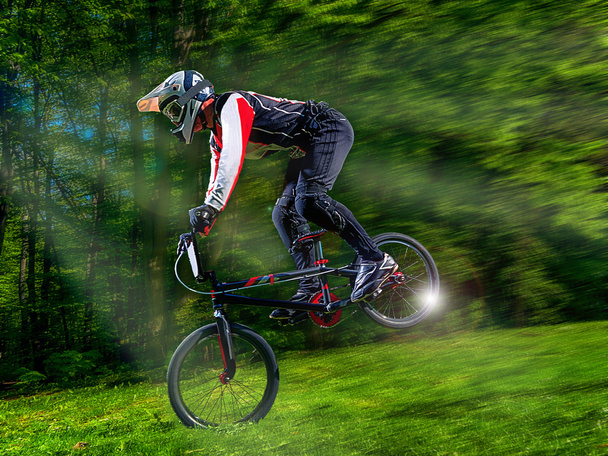 Young bmx bicycle rider on background of trees - Photo, Image