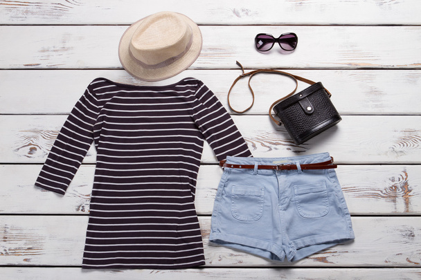 Striped top and beige hat. - Photo, Image
