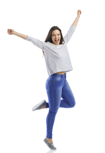 Happy woman jumping of joy   - 写真・画像