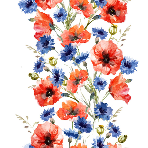 Watercolor poppy and cornflower pattern - Vector, Image