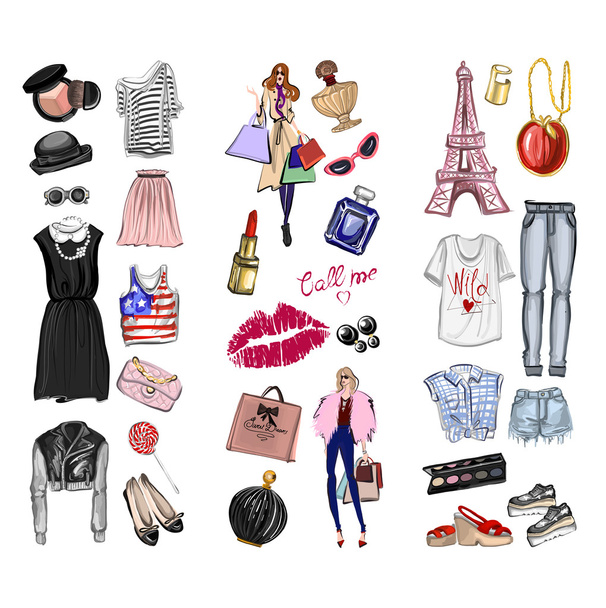 Vector set with fashion and perfume elements Digital watercolor - Vector, Image