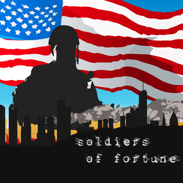アメリカの国旗の前で武装した兵士 - ベクター画像