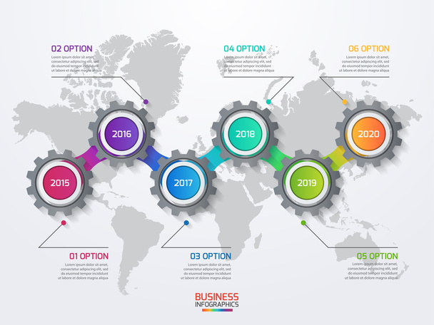 Vektor infographic sablon a gears és a világ Térkép.  - Vektor, kép