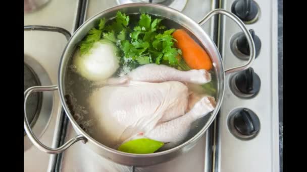 διαδικασία προετοιμασίας ζωμό κοτόπουλο σούπα ώρα λήξη του βίντεο - Πλάνα, βίντεο