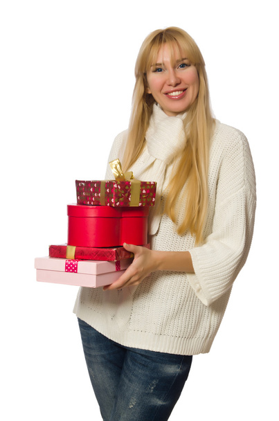 Woman with giftboxes isolated on white - Fotoğraf, Görsel