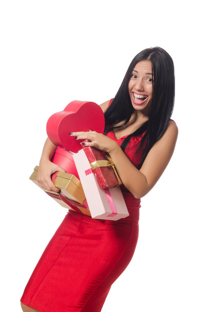 Mujer con cajas de regalo aisladas en blanco - Foto, imagen