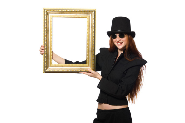 Žena s obrázkovým rámem izolovaná na bílém - Fotografie, Obrázek