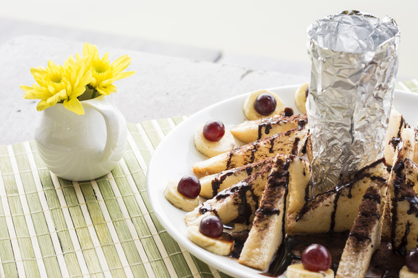 Honey toast and banana wtih dry ice on table background - Photo, Image