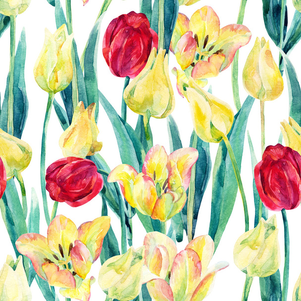 Watercolor spring tulips field seamless pattern - Photo, Image