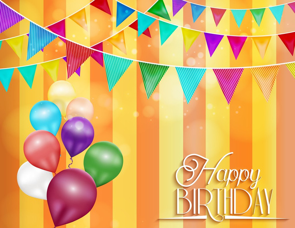Oranžové pozadí s prapory a barevné balónky pro oslavy narozenin - Vektor, obrázek