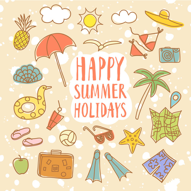Summer vacation doodle colorful illustrations set - Διάνυσμα, εικόνα