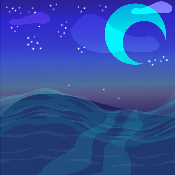 night sky with ocean, moon & stars vector background - Vector, Image