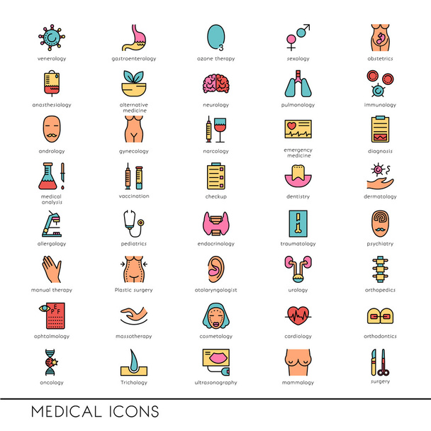 Vektor-Flachzeilen-Symbole mit medizinischen Symbolen Spezialisierung - Vektor, Bild