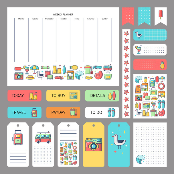 Cute summer icons and concept. Stickers, tags templates for orga - Vector, Image
