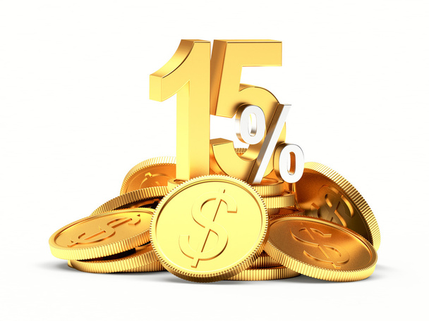 15 % sleva na hromadu zlatých mincí na bílém  - Fotografie, Obrázek