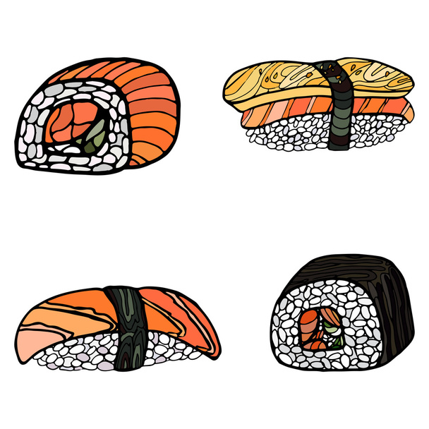 Набір суші-рулонів. Японське продовольство. Векторна ілюстрація, намальована вручну - Вектор, зображення