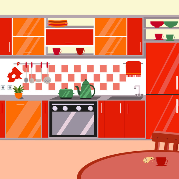 Ilustración vectorial interior cocina. Dibujos animados estilo plano
 - Vector, imagen