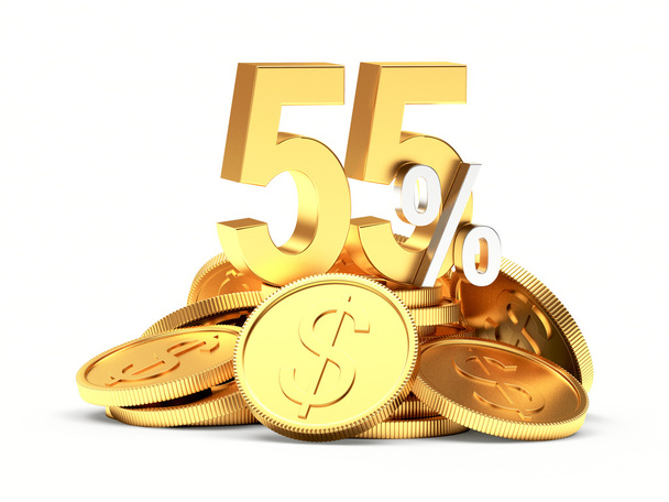 55 percent discount on a pile of golden coins on white - Photo, Image