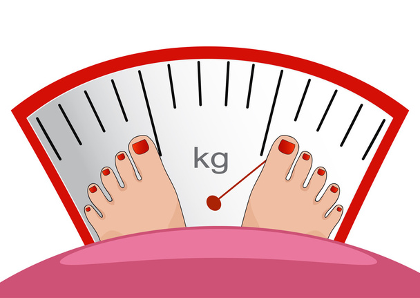 Λίπος άντρας ή γυναίκα στέκεται σε κλίμακα βάρους, με ένα μεγάλο βάρος, vec - Διάνυσμα, εικόνα