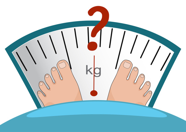 Fat man or woman standing on weight scale with heavy weight, vec - Vector, Image