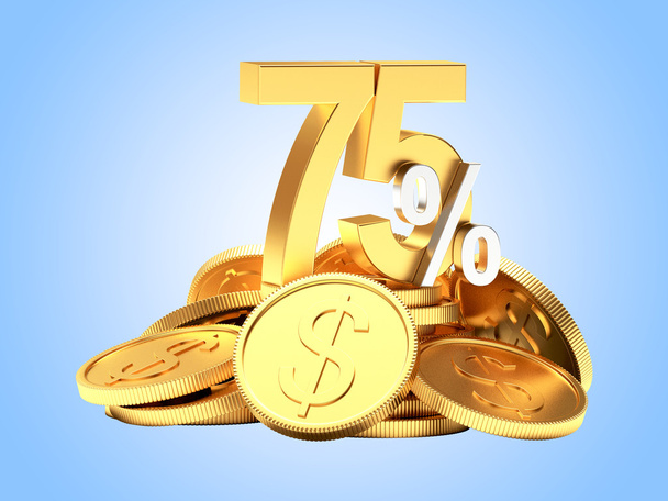 75 por ciento de descuento en una pila de monedas de oro en azul
  - Foto, Imagen