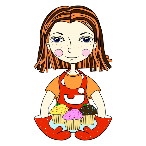 Μια κοπέλα που κρατά ένα πιάτο γλυκά, cupcakes. Η έννοια της del - Διάνυσμα, εικόνα
