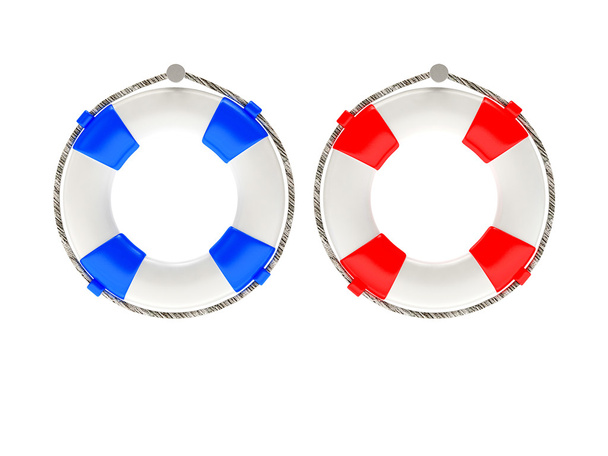Duas boias salva-vidas coloridas penduradas no fundo branco
.  - Foto, Imagem