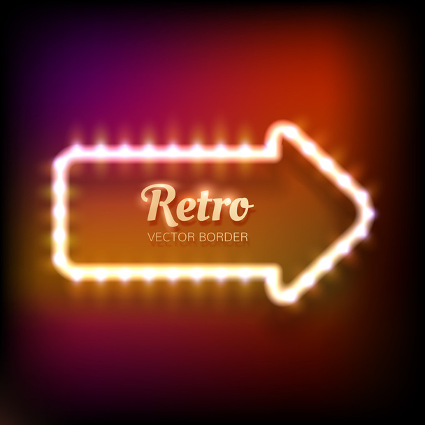 Glowing neon frame in the shape of arrow with light bulbs on colorful dark background  - Vetor, Imagem