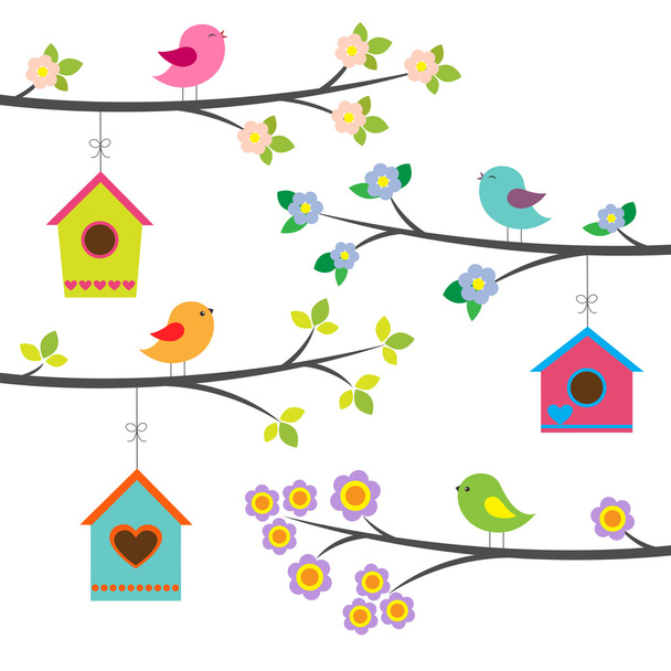 πουλιά και birdhouses. φορέα που - Διάνυσμα, εικόνα