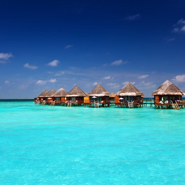 Island in ocean, Maldives.Villa on piles on water - Foto, Imagen