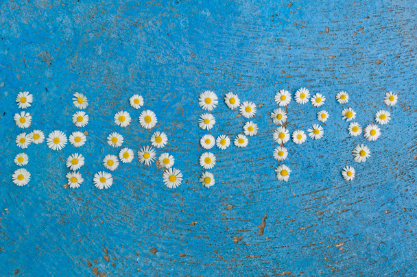 Le mot Happy écrit de fleurs de marguerite sur fond bleu
 - Photo, image