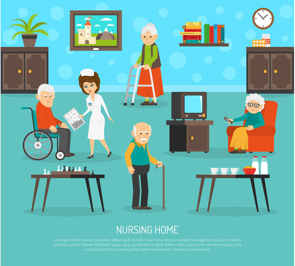 Oude mensen Nursing Home platte poster - Vector, afbeelding