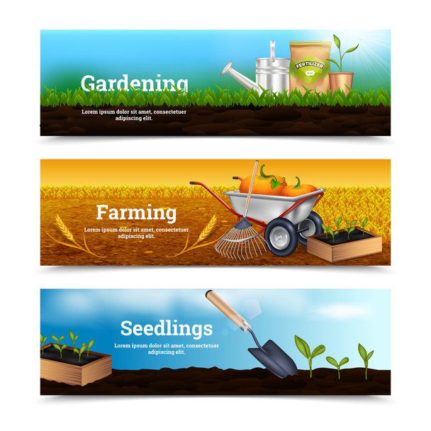 Drie horizontale banners voor tuinieren - Vector, afbeelding