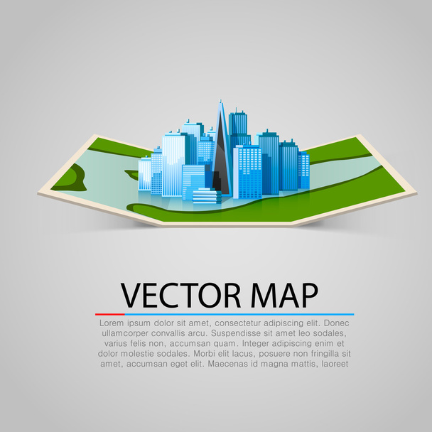 Paper map sign with modern city - Vector, Image
