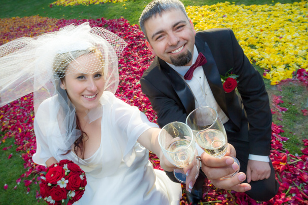 bruid en bruidegom maakt een toast met champagne - Foto, afbeelding