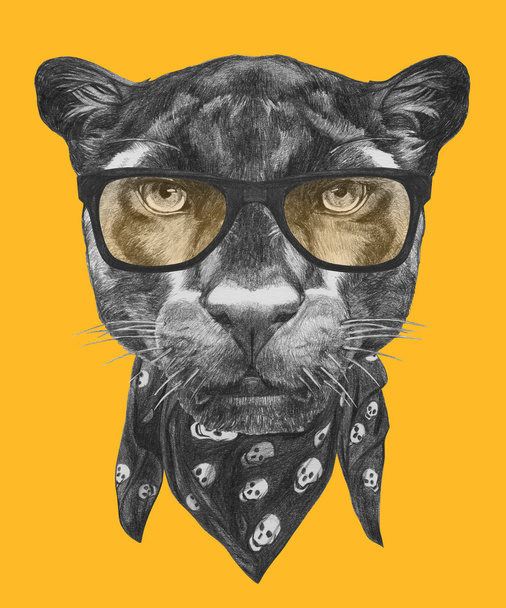 Porträt eines Panthers mit Brille und Schal.  - Foto, Bild