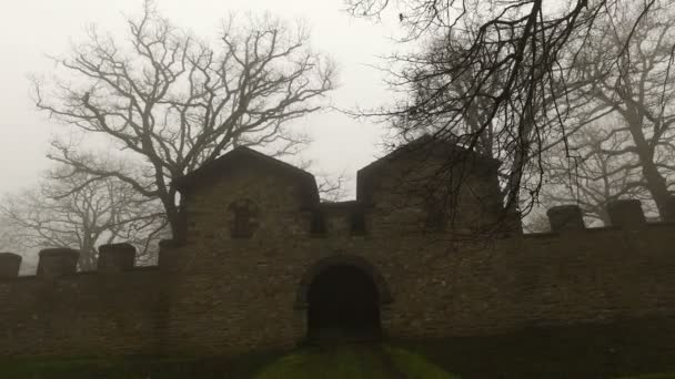 Old Historical Ancient Castle Walls and Forest in Misty Foggy Day - Footage, Video