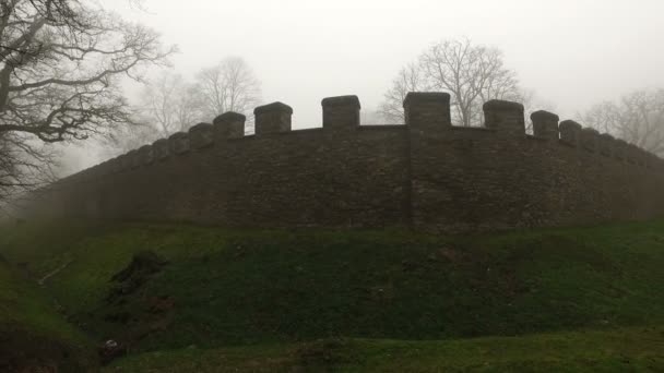 Old Historical Ancient Castle Walls and Forest in Misty Foggy Day - Footage, Video