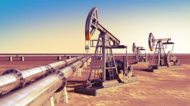 Ölpumpen arbeiten an der Pipeline in der Wüste. geloopte 3D-Animation. Technologie und Transport-Business-Konzept. 1080. - Filmmaterial, Video