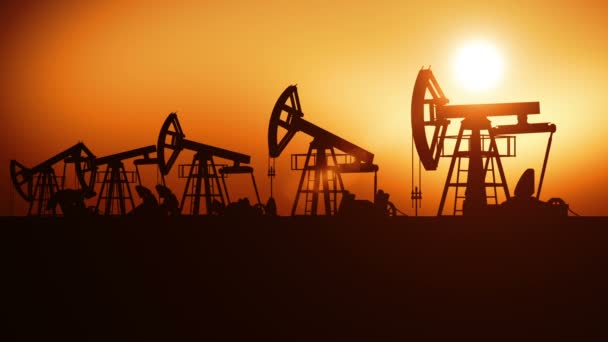 Oil Pumps in a Row at Sunset. Looped 3d animation. Technology and Industrial Concept. HD 1080. - Footage, Video