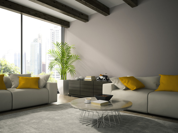 Interior of modern design room with white couch 3D rendering - Fotó, kép