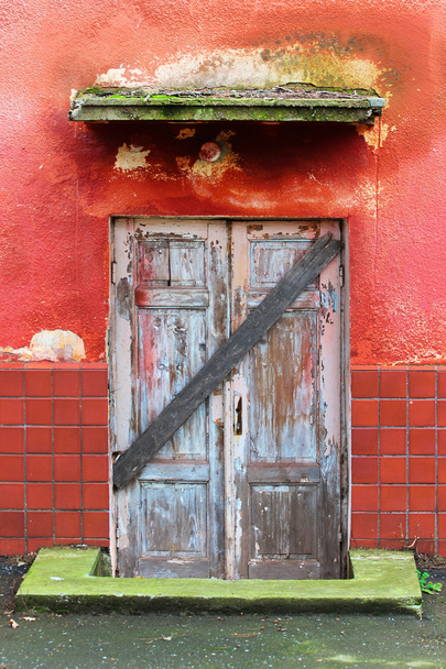 Omšelé dřevěné dveře, zavřené a zabedněné - Fotografie, Obrázek