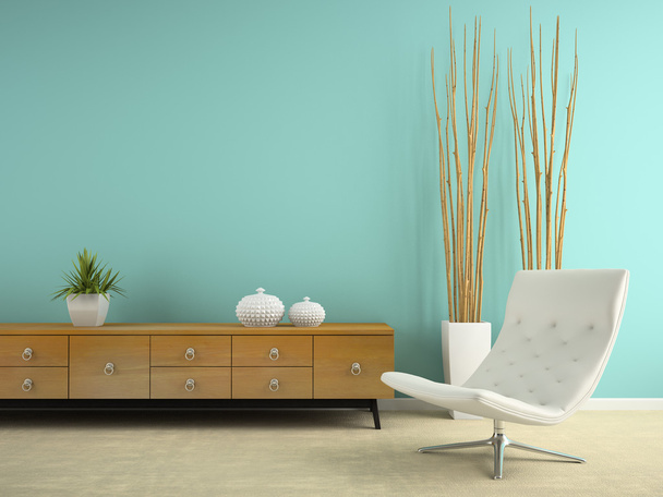 Osa sisätilojen valkoinen nojatuoli ja sininen seinä 3D renderöinti
 - Valokuva, kuva