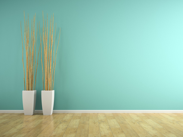 Part of interior with blue wall and vases 3D rendering - Photo, Image
