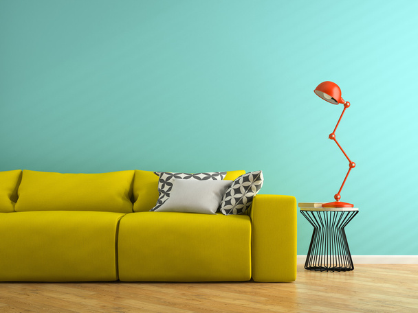 Part of interior with yellow sofa and red lamp 3D rendering - Фото, изображение