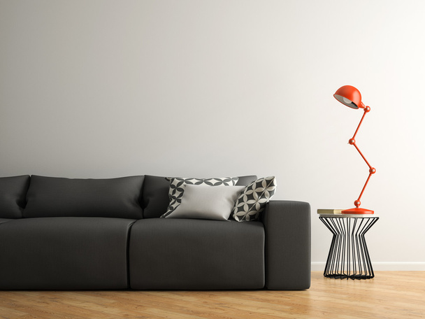 Parte del interior con sofá gris y lámpara roja renderizado 3D
 - Foto, Imagen