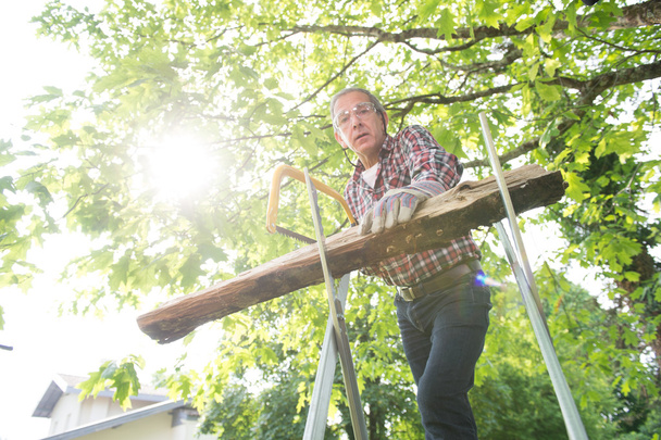 Hombre mayor aserrando una sierra de mano de madera de cerca
 - Foto, imagen