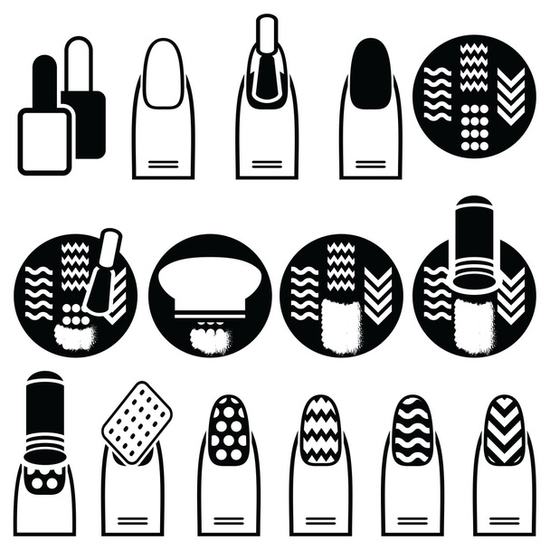 Female gel & hybrid manicure with stamping decorative element with use of stamp metal pattern plate, nail polish in black an white icons set   - Vector, Image