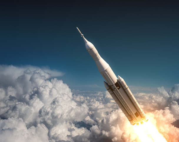 Sistema de lançamento espacial voando nas nuvens
 - Foto, Imagem
